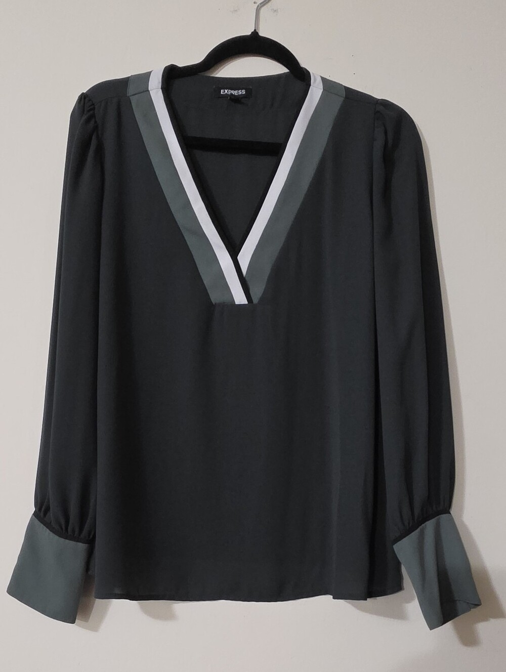 Express Black V-Neck Long Sleeve Blouse with Green and White Trim